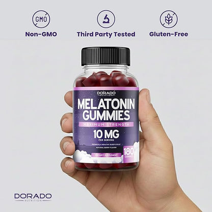 Melatonin Gummies 10mg for Adults (180 Count) - Quick Dissolve Melatonin Gummies - Gummy for Adults Contains 10mg - High Potency - Mixed Berry Flavor - Non-GMO, Vegan Supplement & Made in USA