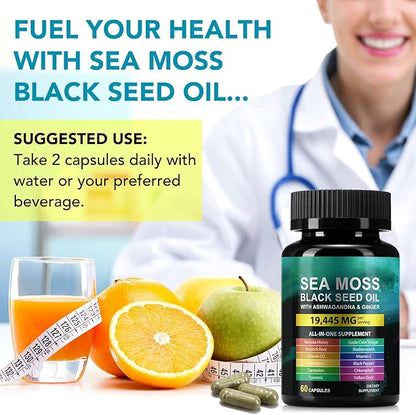 Sea Moss Black Seed Oil Ashwagandha Ginger Capsules, Seamoss Capsules Supplement with Bladderwrack Burdock & Vitamin C Vitamin D3 for Women & Men-Enhanced Immunity,60 Counts