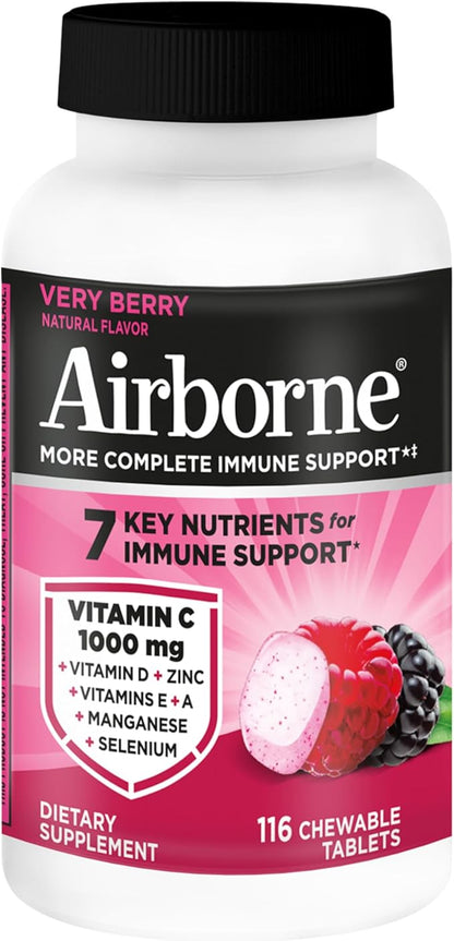 Airborne Vitamin C 1000mg (per Serving) - Very Berry Chewable Tablets (116 Count in a Bottle), Gluten-Free Immune Support Supplement, with Vitamins A C E, Zinc, Selenium, Ginger, Antioxidants