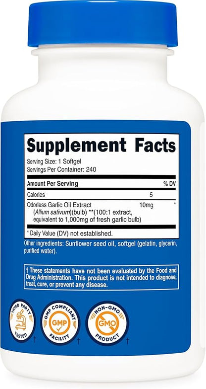 Nutricost Garlic 1000mg, 240 Softgels - Odorless, Premium Gluten Free Supplement
