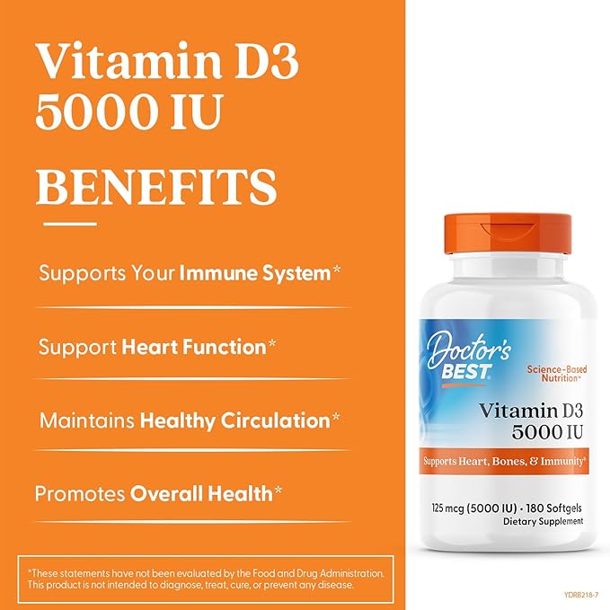 Doctor's Best Vitamin D3 5000IU, Non-GMO, Gluten & Soy Free, Regulates Immune Function, Supports Healthy Bones, White, No Flavour, 180 Count