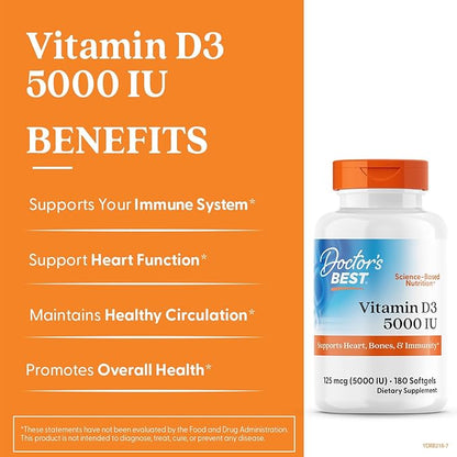Doctor's Best Vitamin D3 5000IU, Non-GMO, Gluten & Soy Free, Regulates Immune Function, Supports Healthy Bones, White, No Flavour, 180 Count