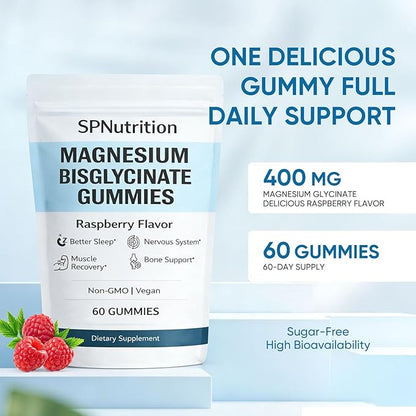 Spnutrition Magnesium Bisglycinate Gummies – Chelated Magnesium Supplement, Promotes Muscle & Nerve Function, Relaxation & Everyday Wellness – 60 Raspberry Gummies (1)