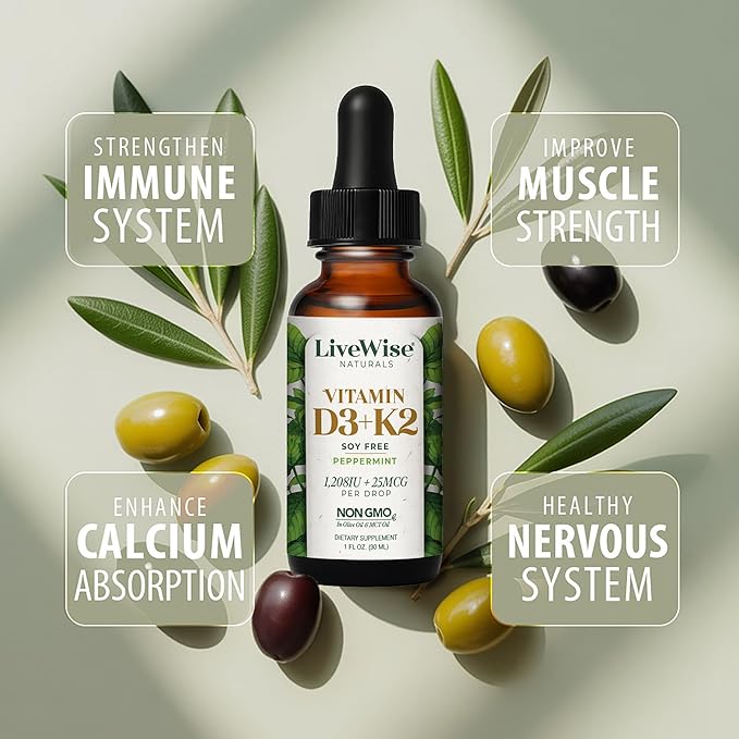Live Wise Naturals Vitamin D3 K2 (MK-7) Peppermint Drops for Adults - 930 Drops, Ultra Concentrated Formulation, 1208 IU Vitamin D3, 25 MCG - Precision Micro-Dosing Dropper for Calcium & Bone Support