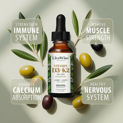 Live Wise Naturals Vitamin D3 K2 (MK-7) Peppermint Drops for Adults - 930 Drops, Ultra Concentrated Formulation, 1208 IU Vitamin D3, 25 MCG - Precision Micro-Dosing Dropper for Calcium & Bone Support