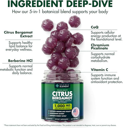 Citrus Bergamot 1000MG Gummies for Women and Men, Citrus Bergamot Extract with Berberine, CoQ10, Chromium & Vitamin C, Metabolic & Antioxidant Support, Sugar Free, Vegan, Lime Flavor, 60 Gummies