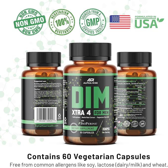 DIM XTRA 4 - 300 mg Estrogen Blocker for Men & Aromatase Inhibitor | Testosterone Hormone Restorer & Energy Booster | With Magnesium, Nettle and Sulforaphane Broccoli Extract