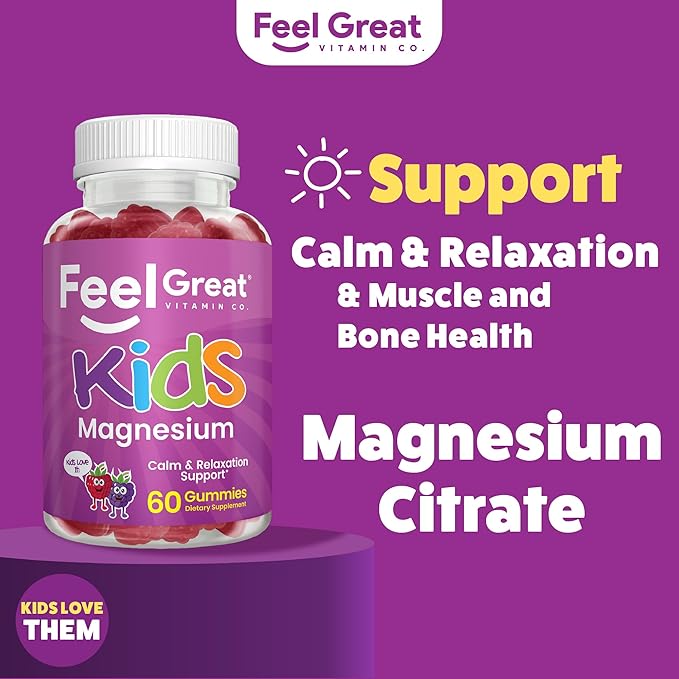 Feel Great Kids Calm Magnesium Gummies - Magnesium Supplement for Children - Magnesium Citrate Gummies - 60 Count