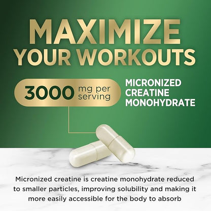 Creatine Monohydrate 3000mg Per Serving – Micronized Creatine Powder Capsules - Supports Lean Muscle, Strength, Energy, & Endurance - Nature's Supplement, Non-GMO, Bottled in USA - 60 Capsules
