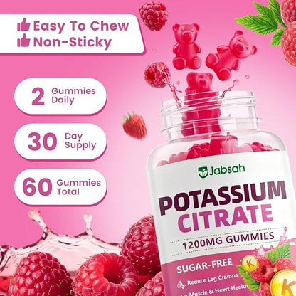 Potassium Citrate Gummies 1200mg, Sugar-Free Potassium Supplement for Adults Women & Men, Supports Leg Cramps & Muscle & Heart Health, Vegan, Gluten Free - Raspberry Flavor (120 Count)