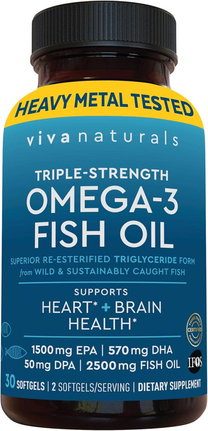 Viva Naturals Omega-3 Fish Oil, Triple Strength, 2500 mg, 30 Softgels – Re-Esterified Omega 3 Fatty Acids Including EPA, DHA, DPA - Pascatarian-Friendly
