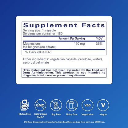 Pure Encapsulations Magnesium (Citrate) - Supplement for Sleep, Heart Health, Cognitive Health, Bone Health, Energy, Muscles, and Metabolism* - with Premium Magnesium - 180 Capsules