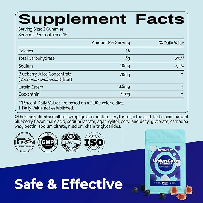 OxyEnergy Lutein Gummies for Eye Health - Lutein & Zeaxanthin, Natural Blueberry, Individually Wrapped for Freshness Vitamins Supplements for Vision Health, Eye Strain, Dry Eyes