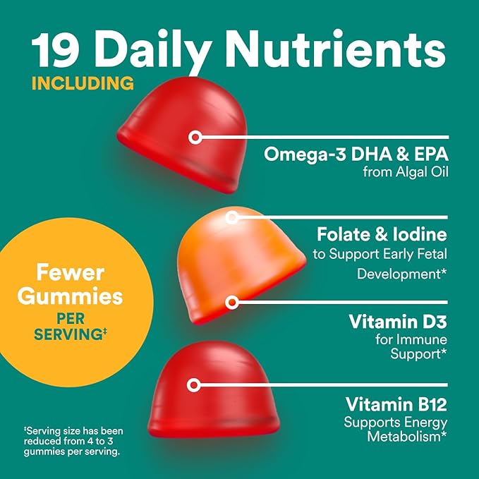 SmartyPants Prenatal Multivitamin Gummies, Omega 3 (DHA/EPA), Methylfolate, Biotin, Vitamin D3, C, Vitamin B12, B6, Vitamin A, K & Zinc, Gluten Free, 120 Count (40 Day Supply)