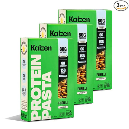 Kaizen Fusilli Protein Pasta, 20g Protein, Low Carb (6g Net Carbs), Keto-Friendly, Gluten-Free, Plant-Based Lupini Noodles, High Fiber, 8 Ounce, Pack of 3