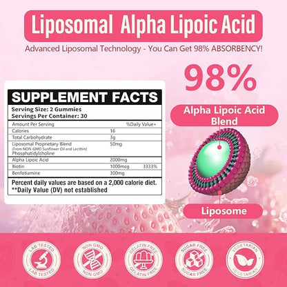 3 Pack Liposomal Alpha Lipoic Acid Gummies 2000mg Gummies,High Potency ALA Complex Biotin & Benfotiamine for Antioxidant, Brain Health and Nerve* Support,Liposomal Enhance 98% Absorption