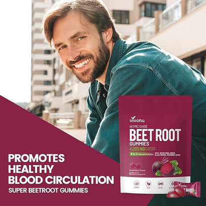 VivoNu Beet Root Gummies 8-in-1 Premium Energy Supplement with CoQ10, Beetroot Extract, Grape Seed Extract, Black Pepper Extract, Vitamins C & B12, L-Arginine & L-Citrulline