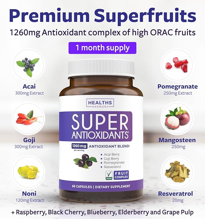 Super Antioxidants Supplement for Women & Men - High Potency Herbal & Fruit Blend with Acai, Goji, Pomegranate, Elderberry & Resveratrol for Skin Care & Immune Support - Vegan & Non-GMO - 60 Capsules