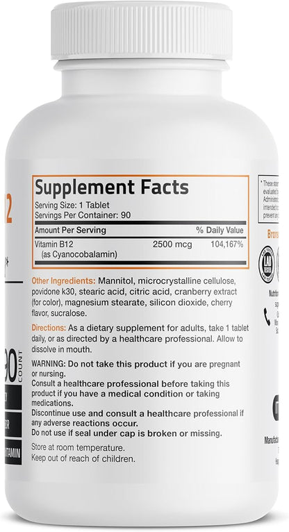 Vitamin B12 2500mcg Shot Of Energy Fast Dissolve Chewable Tablets - Quick Release Cherry Flavored Sublingual B12 Vitamin - Supports Nervous System, Healthy Brain Function Energy Production – 90 Count