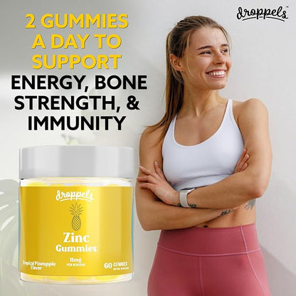 Droppels Zinc Citrate Gummies 11mg – Immune Support & Skin Health Supplement | Vegan, Plant-Based, Gluten Free, Gelatin Free, Non-GMO | Tropical Pineapple Chewable Zinc for Adults, 60 Count