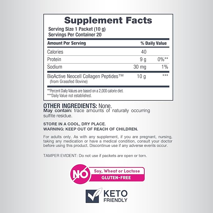 NeoCell Collagen Peptides Powder Packets | 20 Stick Packs | Grass Fed Bovine | Unflavored Supplement | Hair, Skin, & Nails | for Women and Men