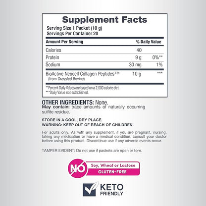 NeoCell Collagen Peptides Powder Packets | 20 Stick Packs | Grass Fed Bovine | Unflavored Supplement | Hair, Skin, & Nails | for Women and Men