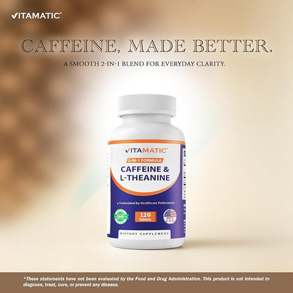 Vitamatic L-Theanine 200mg with Caffeine 100mg – 120 Vegetarian Tablets Nootropic Supplement for Focused Energy & Mental Clarity