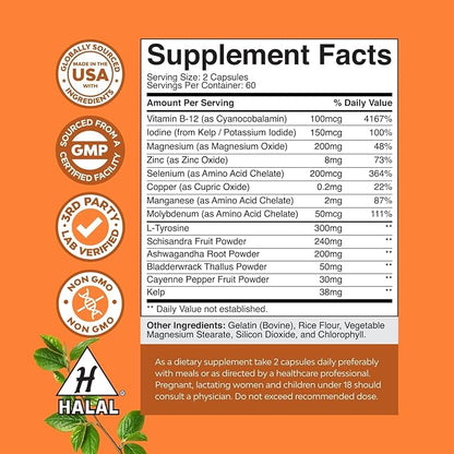 Natures Craft Herbal Thyroid Support Complex - Potent Kelp Iodine Supplement with L Tyrosine, Bladderwrack, Selenium & Pure Ashwagandha for Hormone Balance - Mood & Energy Dietary Pills - 120 Count