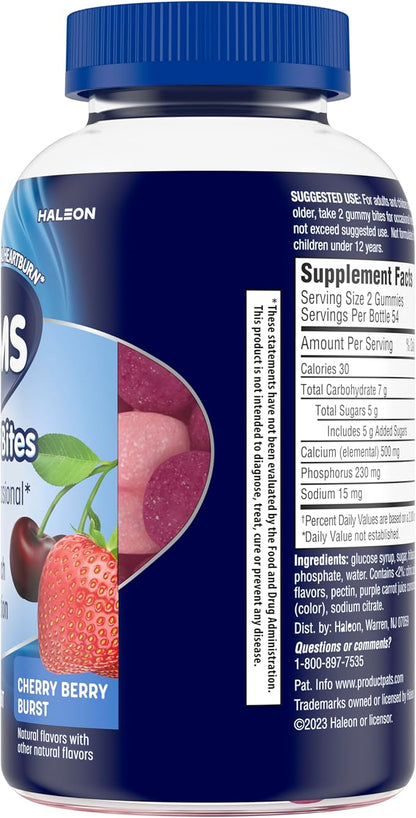 TUMS Gummy Bites Dietary Supplement for Occasional Heartburn Relief, Upset Stomach and Acid Indigestion, Great for a Summer BBQ - Cherry Berry Burst - 108 Count (Pack of 2)