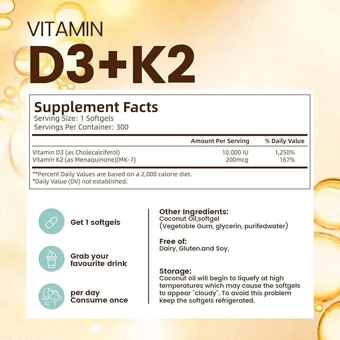 Vitamin D3 10000 iu Plus K2 (MK-7) 200 mcg, 300 Coconut Oil Softgels| 2 in 1 VIT D & K Complex | Supports Calcium Absorption, Bone, Immune, & Heart Health – Easy to Swallow (900 Softgels /3 Bag)