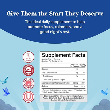 Kids Magnesium Gummies - Calm Relaxing Mg Citrate Supplement with Raspberry Flavor - Calm Magnesium Supplement for Nerve Health Muscles & Healthy Heart Support - Mag Citrate Gummies - 90 Count
