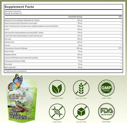 BUTTERFLY'S TEAR Berberine Supplement Gummies – Support Healthy Metabolism with Ceylon Cinnamon, Turmeric, Green Tea, Vegan, Non-GMO, Gluten-Free - Green Grape Flavor (1 Pack 60 Chew)