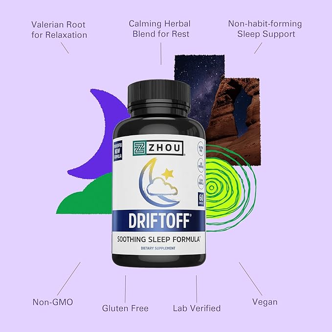ZHOU Driftoff - Nature Inspired Sleep Aid, Valerian Root & Melatonin for Sleep for Men & Women, Calm Sleeping Supplement for Adults with GABA & Chamomile to Relax - 60 Veggie Capsules (Pack of 2)