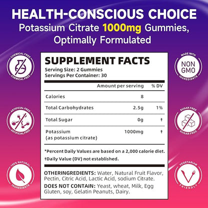 Potassium Citrate Gummies for Adults, Sugar-Free Potassium Gummies 1000mg Support Leg Cramps & Electrolyte Balance High Potency Potassium Supplement Gummies 120 Count