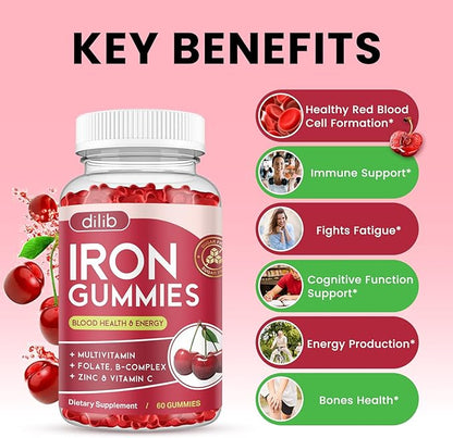 Iron Gummies with Multivitamin, Iron Supplement for Women & Men, Kids Multivitamin with Iron, Zinc, Vitamin B Complex & C, B12, Folate - Blood Builder, Energy Support, Cherry Flavor, Vegan 120 Gummies