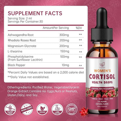（2 Pack）Cortisol Manager Liquid Drops, Cortisol Supplements for Women, with magnesium ashwagandha, rhodiola rosea,l-theanine,Phosphatidylserine-Promote Relaxation and Support Mood- 30 Day Vegan Supply