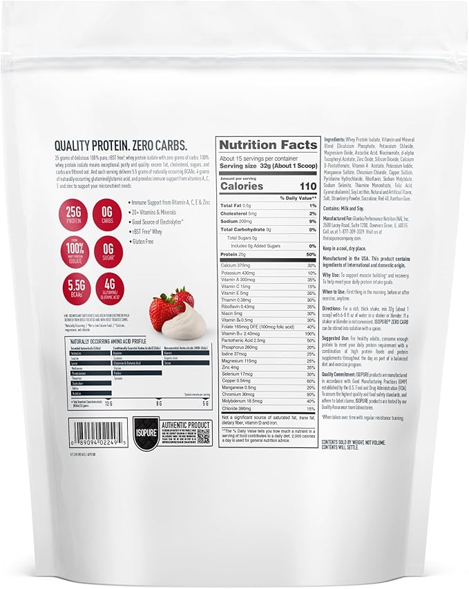 Isopure Zero Carb 100% Pure Whey Isolate Protein Powder, Gluten Free, With Vitamins, Strawberries & Cream, 25g Protein Per Serving, 1 Lb, 15 Servings (Packaging May Vary)