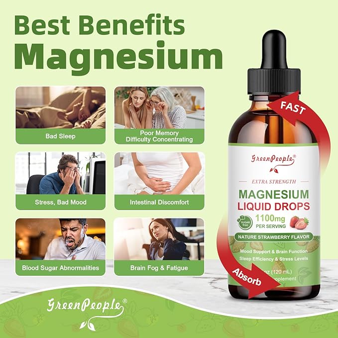 GREENPEOPLE Magnesium Glycinate Liquid Drop - 17-in-1 4Fl. Oz Triple Magnesium Complex Supplement with Glycinate 400mg & Citrate 500mg Taurate/L-Theanine for Calm Mood/Muscle/Sleep,Strawberry Flavor