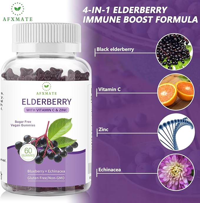 AFXMATE Sambucus Black Elderberry Gummies with Zinc and Vitamin C for Adults Kids Immune Support, Sugar Free Elderberry 120 Counts