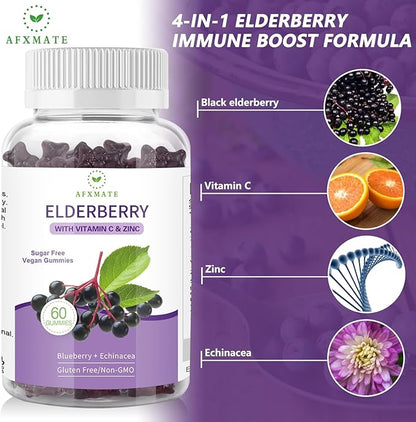 AFXMATE Sambucus Black Elderberry Gummies with Zinc and Vitamin C for Adults Kids Immune Support, Sugar Free Elderberry 120 Counts