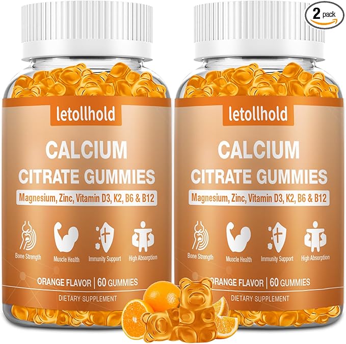 Calcium Citrate Gummies - 1200mg Calcium Gummies with Magnesium Zinc Vitamin D3,K2, B6, B12 for Bone, Muscle, Joints, Immune Support, High Absorption Calcium Supplements for Women Orange Flavor