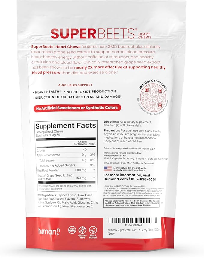 Humann SuperBeets Heart Chews, Beet Root Powder Support Energy Supplement, Nitric Oxide and Blood Pressure Support, Grape Seed Extract & Non-GMO, Heart Health, Pomegranate Berry Flavor, 120 Count