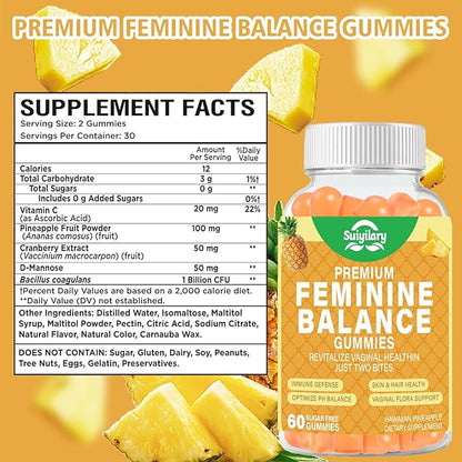 Feminine Probiotics Gummies, Vaginal Health & Women's pH Balance Gummy Supplement with Cranberry Pineapple Powder, Sugar Free Vegan, 60 Count (Pineapple)