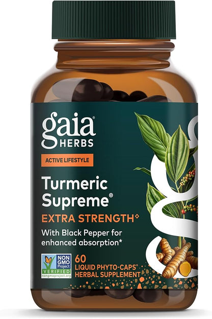 Gaia Herbs Turmeric Supreme Extra Strength - Supports Occasional Discomfort from Normal Wear & Tear* - with Turmeric Curcumin & Black Pepper - 60 Vegan Liquid Phyto-Caps (Up to 60 Servings)