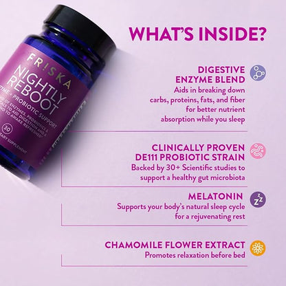 Friska Nightly Reboot - Nighttime Digestive Enzymes, Probiotic for Gut Balance & Bloating Support, with Melatonin & Chamomile to Promote Relaxation & Sleep, 30 Capsules