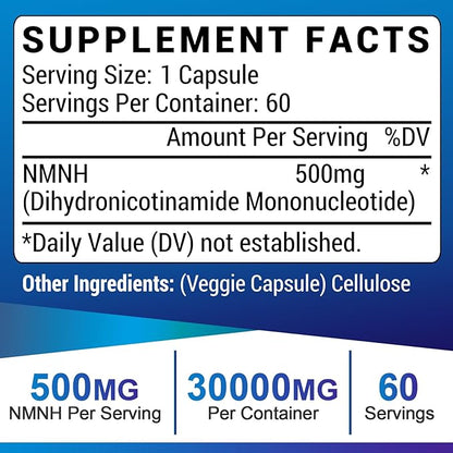 NMNH (Dihydronicotinamide Mononucleotide), NAD Supplement to Boost NAD+ Levels as We Age (May Be More Effective Than Nicotinamide Riboside) for Anti Aging, Energy Focus - 120 Capsule