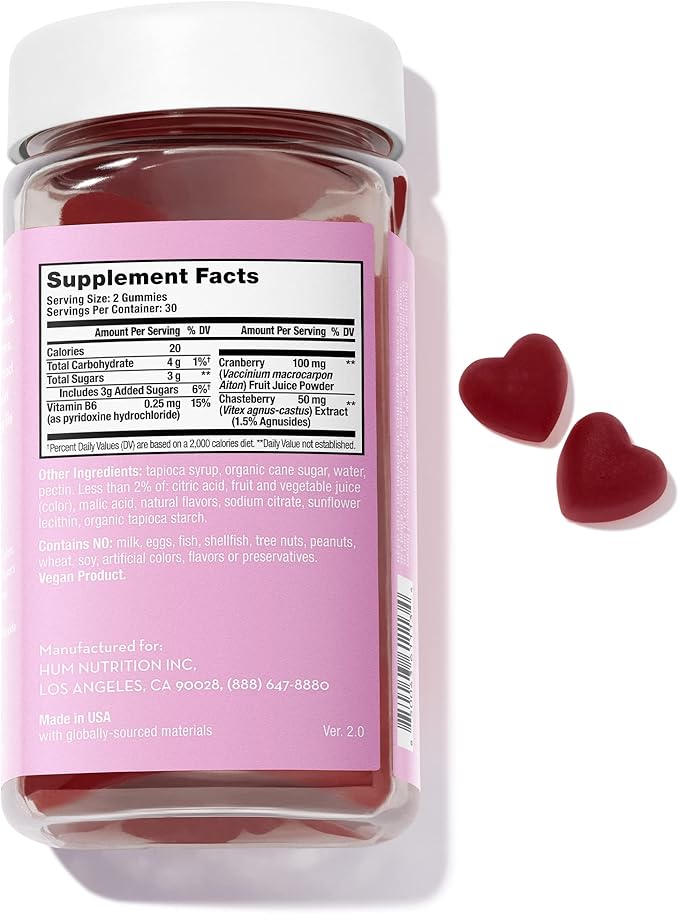 HUM Nutrition SOS PMS Gummies, PMS Support Supplement for Women, Support Cycle Symptoms, Bloating, Hormonal Balance, Includes Vitamin B6, Cranberry & Chasteberry Vitex, Gluten Free, 60 Vegan Gummies