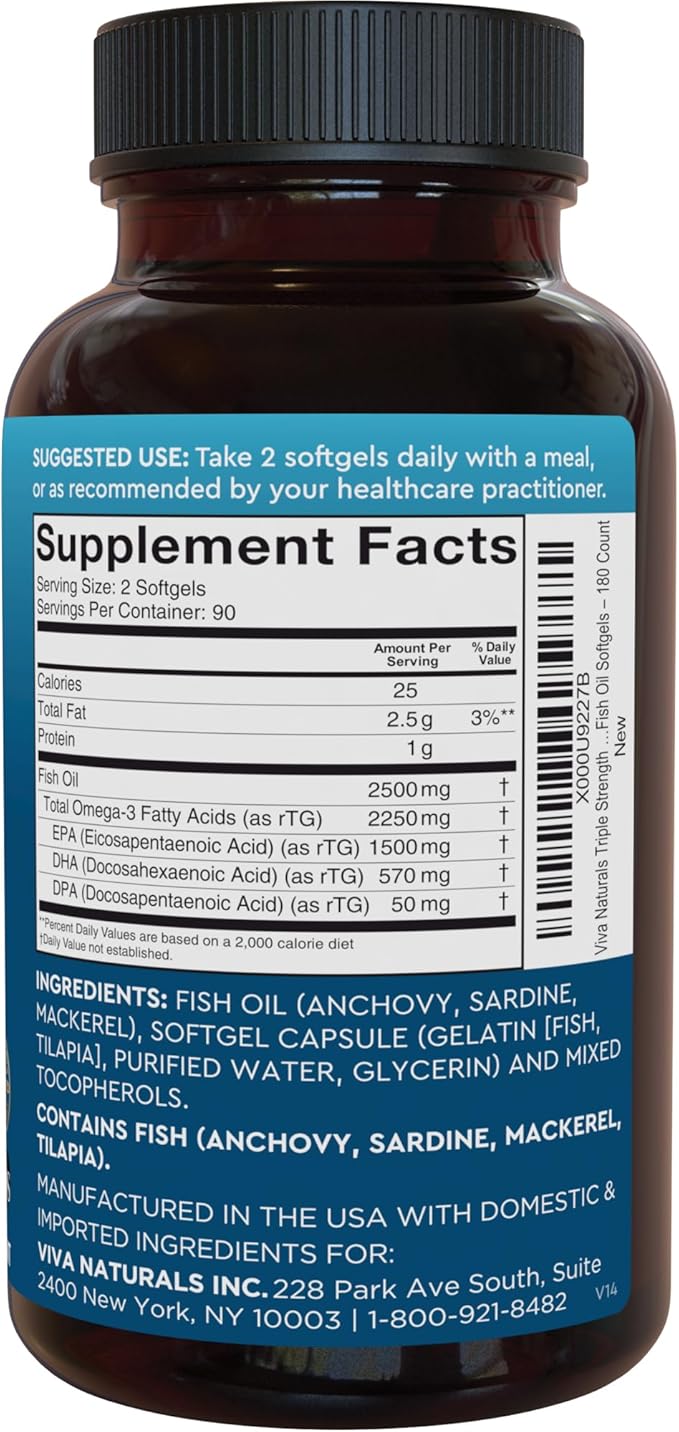 Triple Strength Fish Oil Omega 3 Supplements for Women and Men – 2500 mg High-Potency, Easy-to-Absorb Re-esterified Triglyceride Form, Pescatarian-Friendly DPA Omega 3 EPA DHA Supplement,180 Softgels