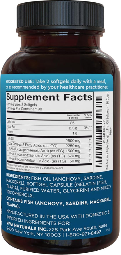 Triple Strength Fish Oil Omega 3 Supplements for Women and Men – 2500 mg High-Potency, Easy-to-Absorb Re-esterified Triglyceride Form, Pescatarian-Friendly DPA Omega 3 EPA DHA Supplement,180 Softgels
