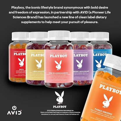Playboy – Ginseng Gummies (60 Count - Peach Flavored) - Perform Harder, Longer, Better - Panax Ginseng Supplement Gummy for Men and Women - 100% Natural, Vegan Non GMO Ginseng Root 6:1 Extract